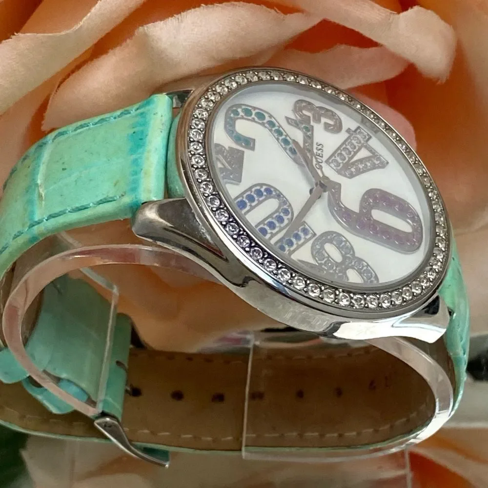 Guess Crystal Accented Bezel and Dial Large Face Watch with Leather Strap